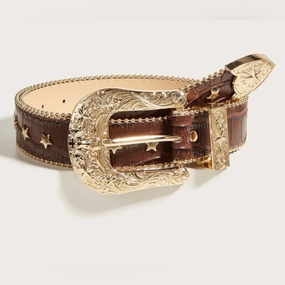 Crocodile Embossed Star And Bead Decor Western Belt 36